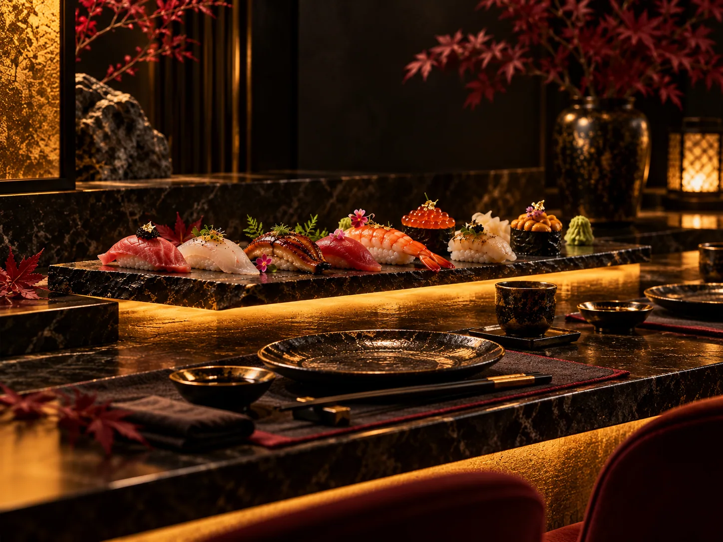 Intimate omakase dining scene in black and golden light