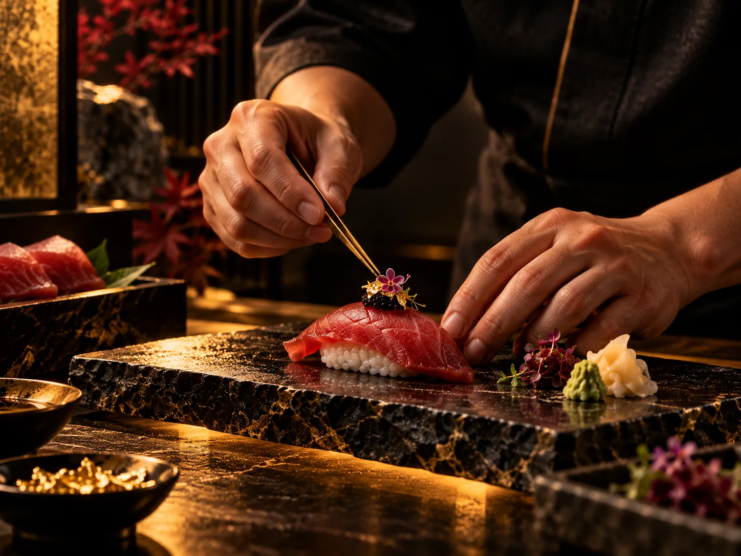 Precision-crafted bluefin nigiri with intricate garnishes