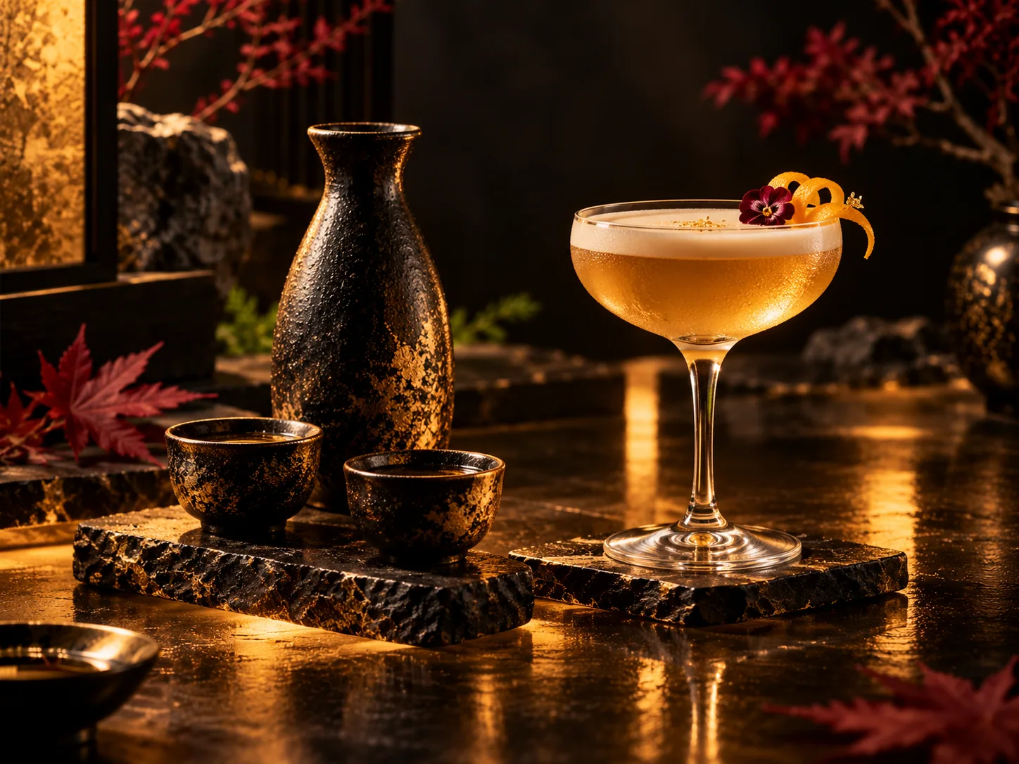 Elegant Japanese cocktail and sake under gold light