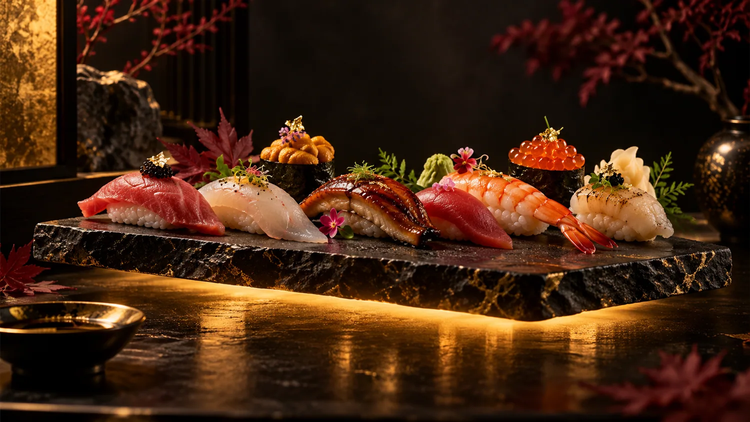Luxury sushi selection on a black gold-veined stone board