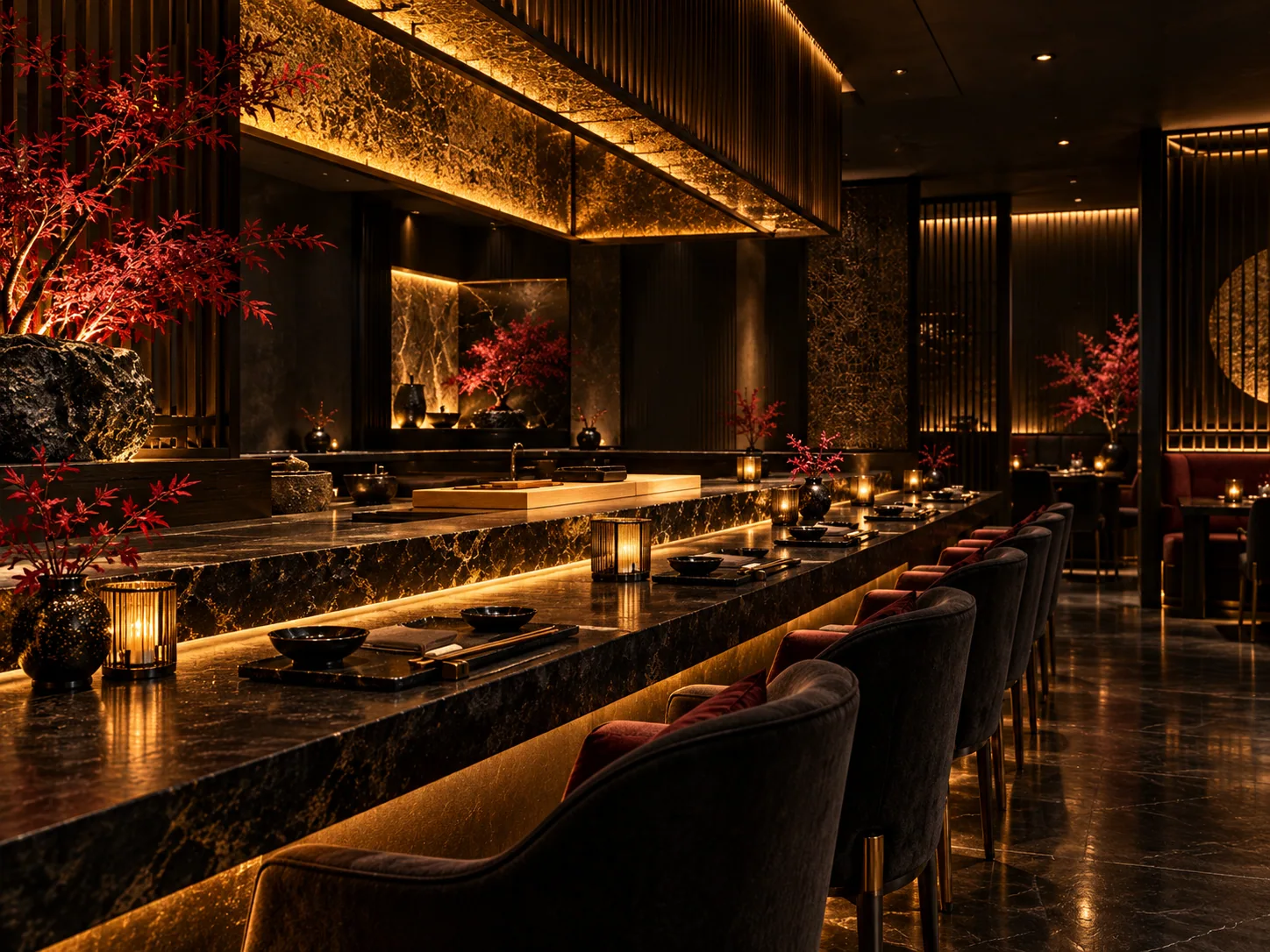 Dark Japanese sushi counter illuminated by gold ambient light