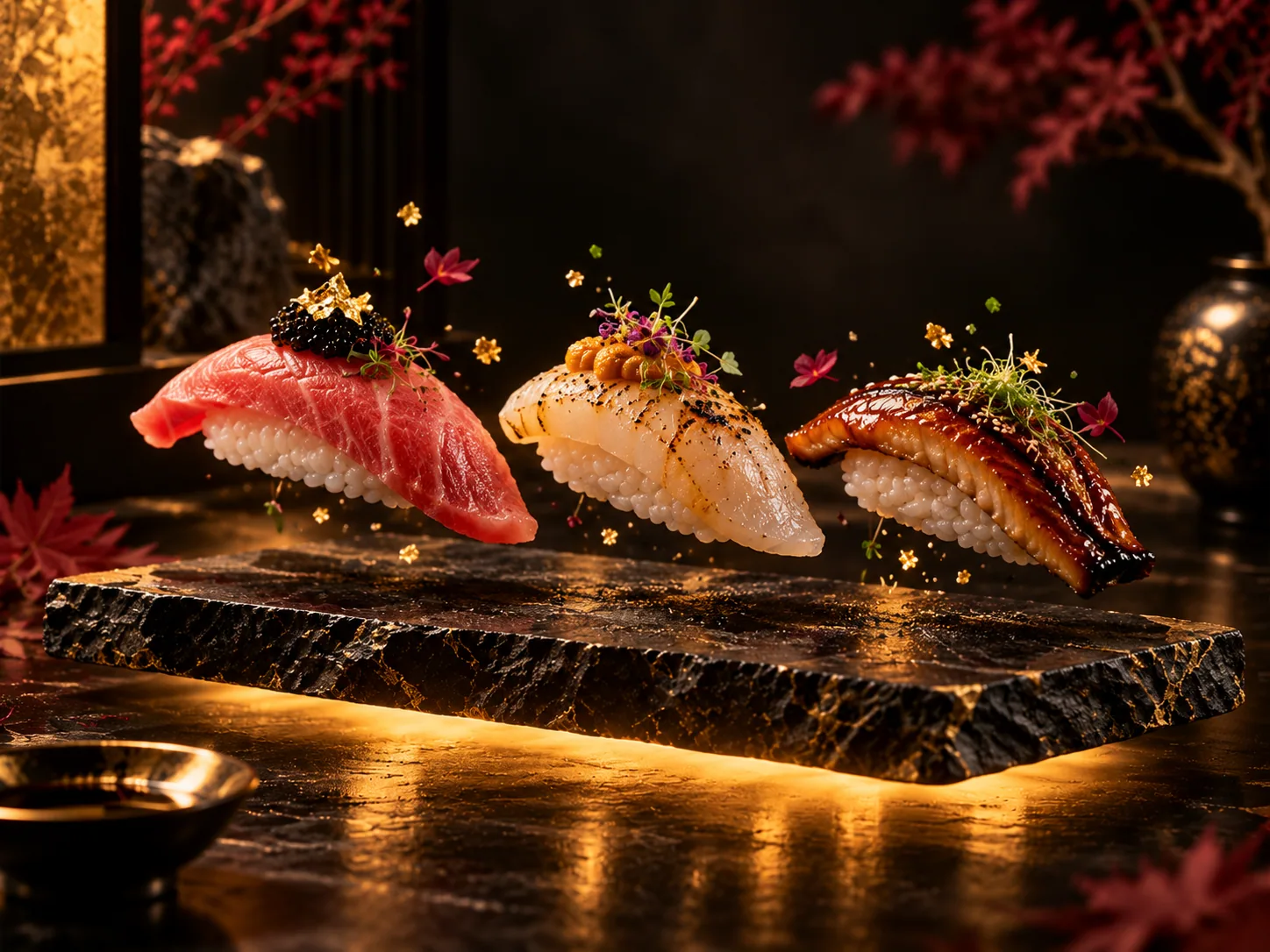 Three pieces of nigiri floating above a black stone serving board