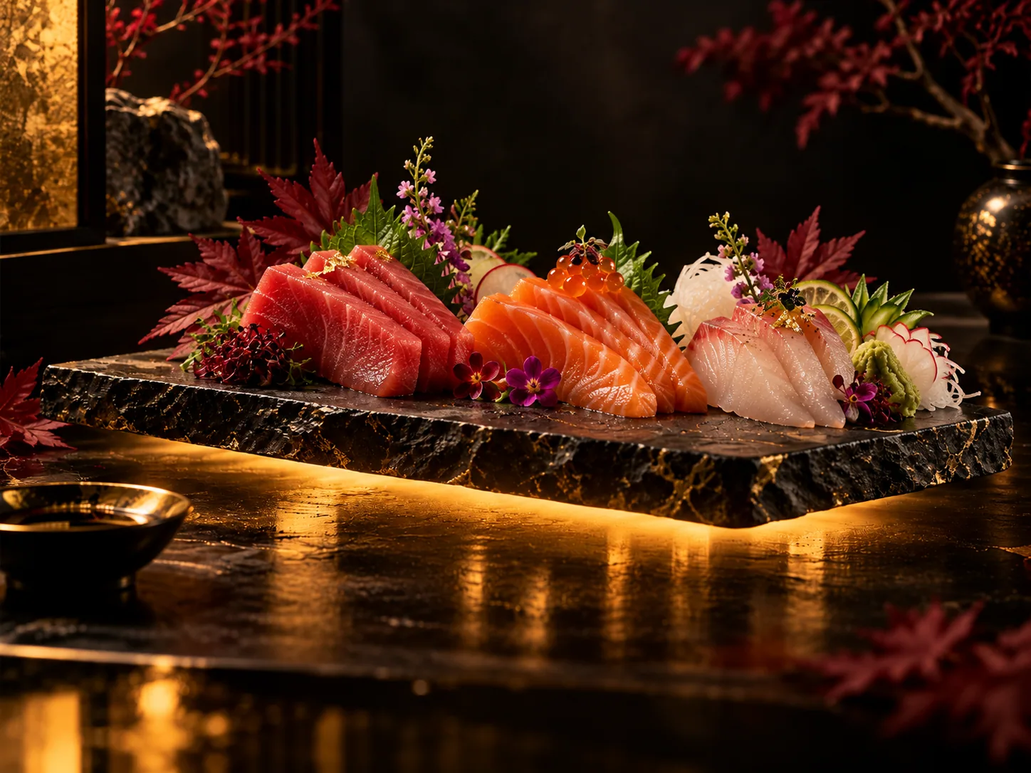 Premium sashimi on glowing natural black stone